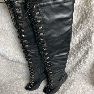 Liliana Boho-10 Black thighs high lace up heel boots peep toe Size 8